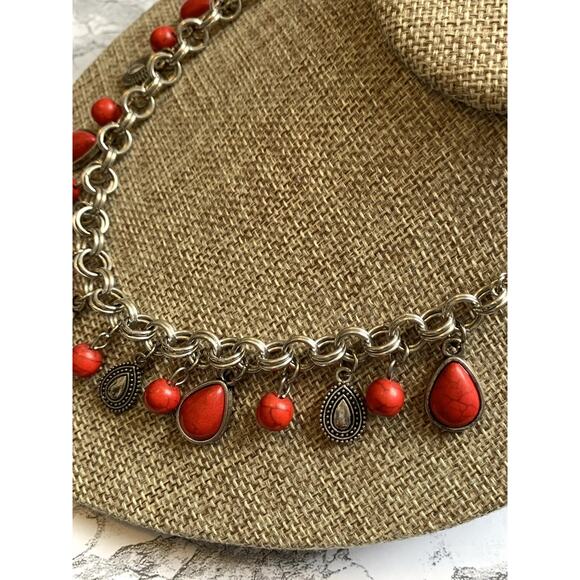 Faux Red Turquoise Necklace Charm Dangles Aged Silver Tone with Lobster Clasp- - Picture 3 of 6